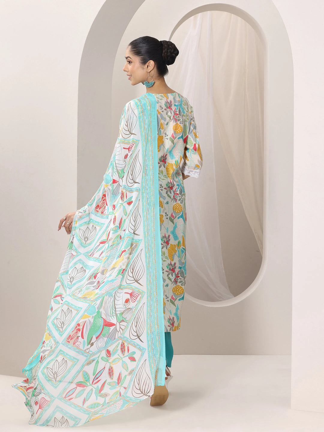  Multi Printed Silk Blend Straight Suit Set With Dupatta 