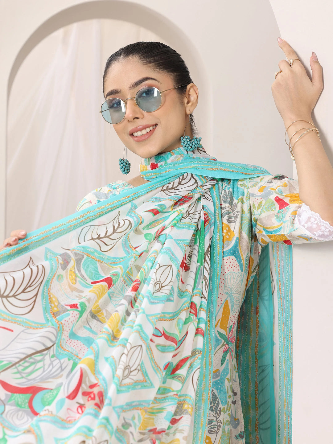  Multi Printed Silk Blend Straight Suit Set With Dupatta 