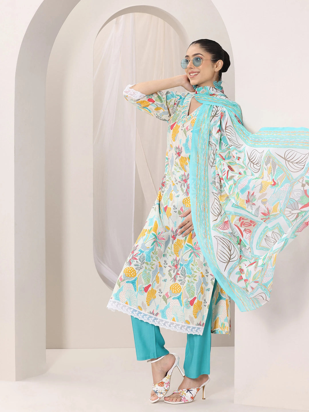  Multi Printed Silk Blend Straight Suit Set With Dupatta 