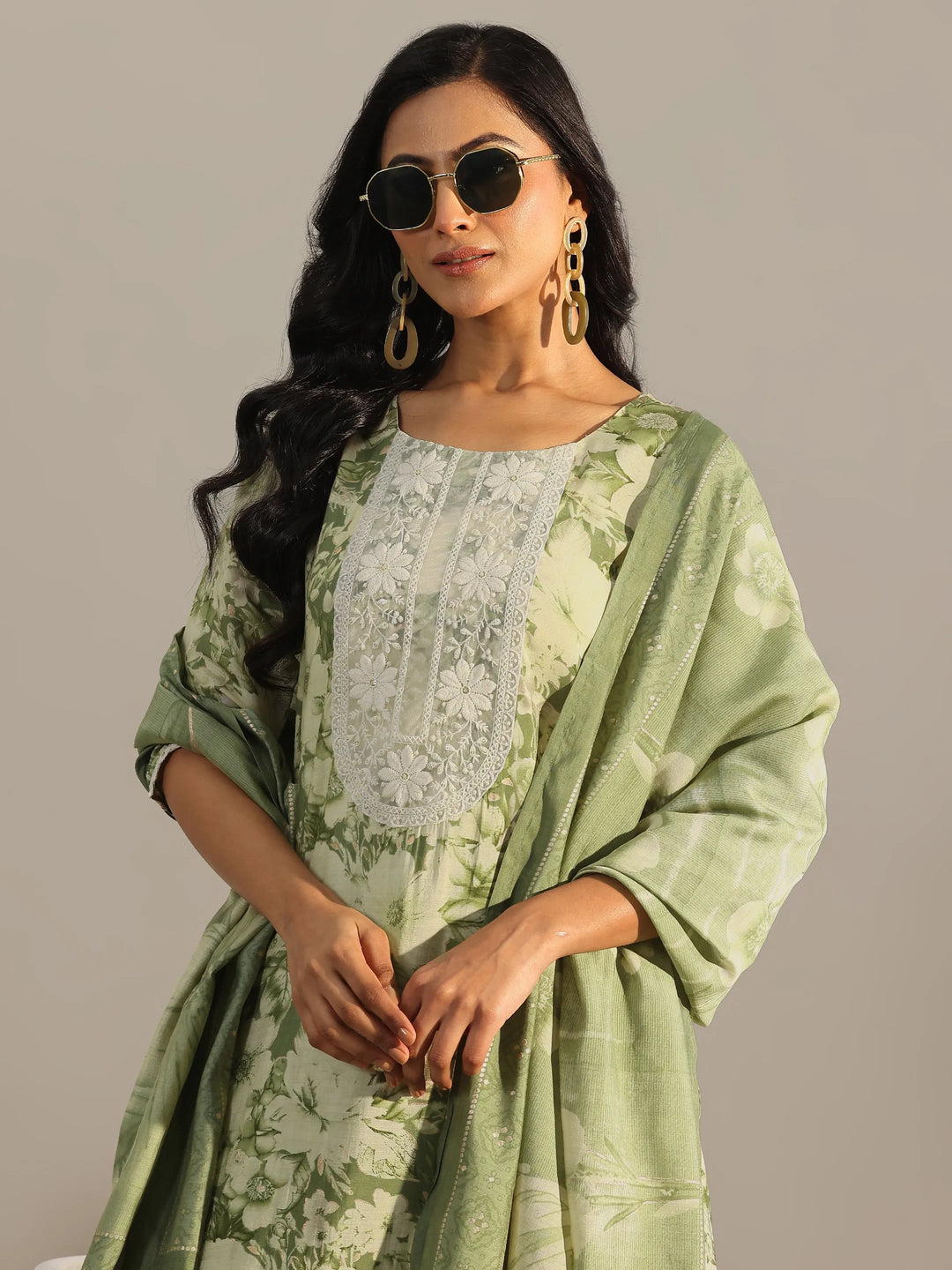  Green Printed Silk Blend Straight Suit With Dupatta 