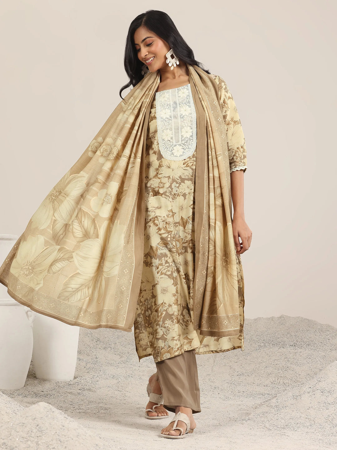  Brown Printed Silk Blend Straight Suit With Dupatta 