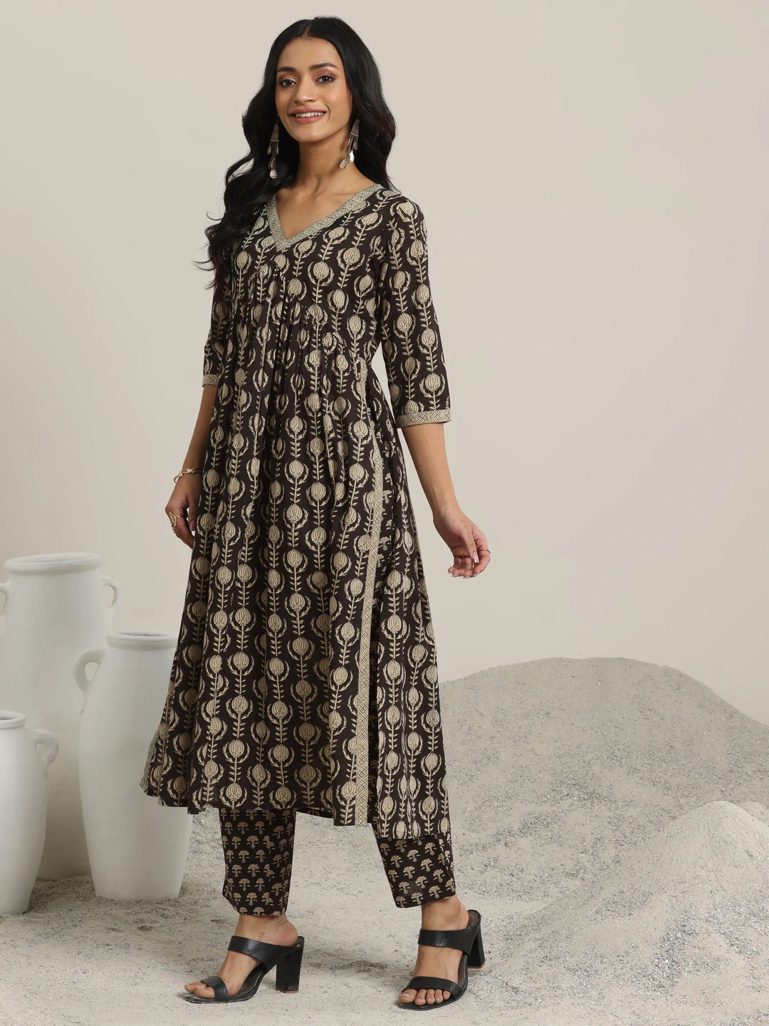  Black Printed Cotton A-Line Kurta Set 