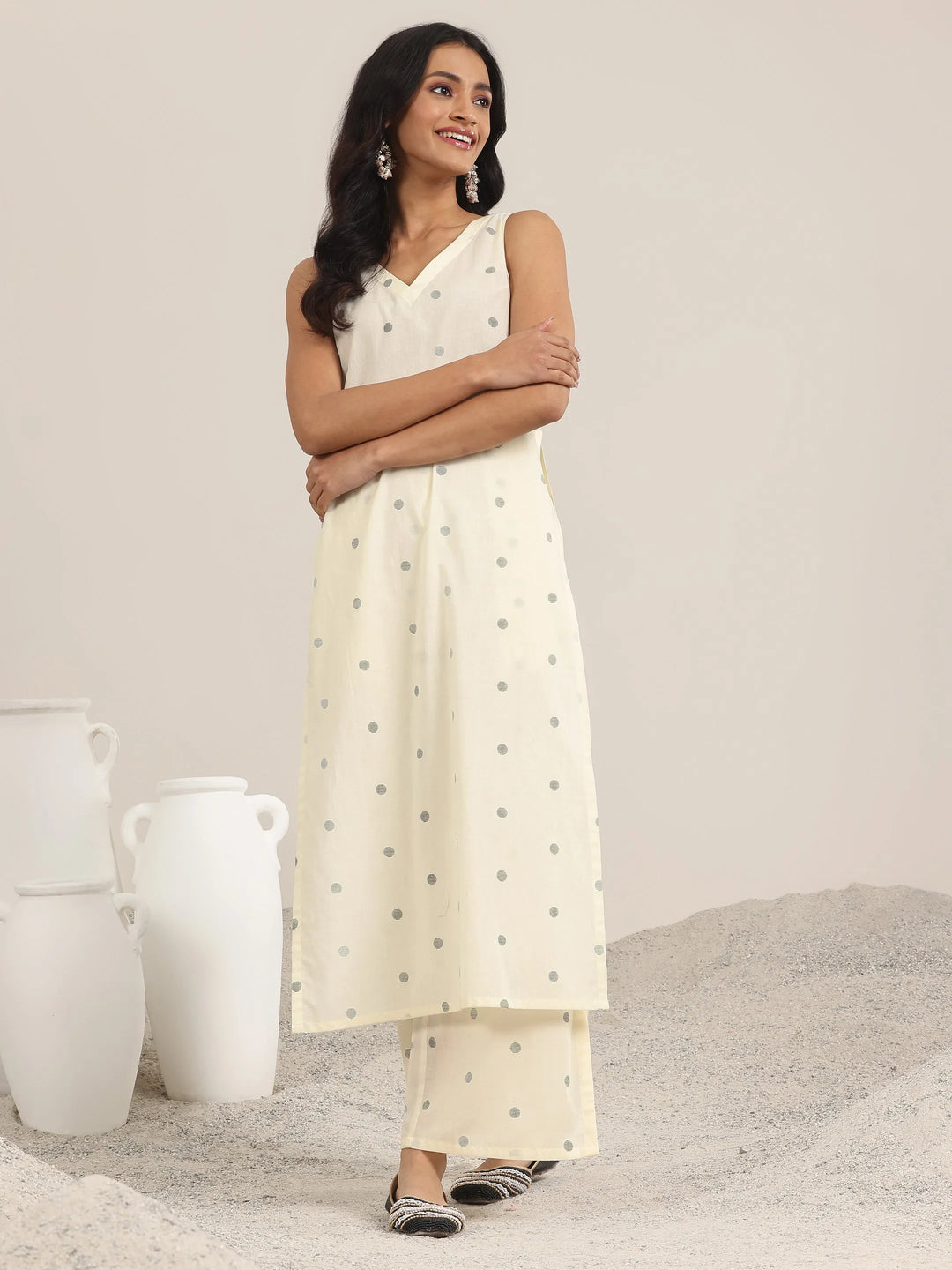  White Printed Cotton Straight Kurta Set 