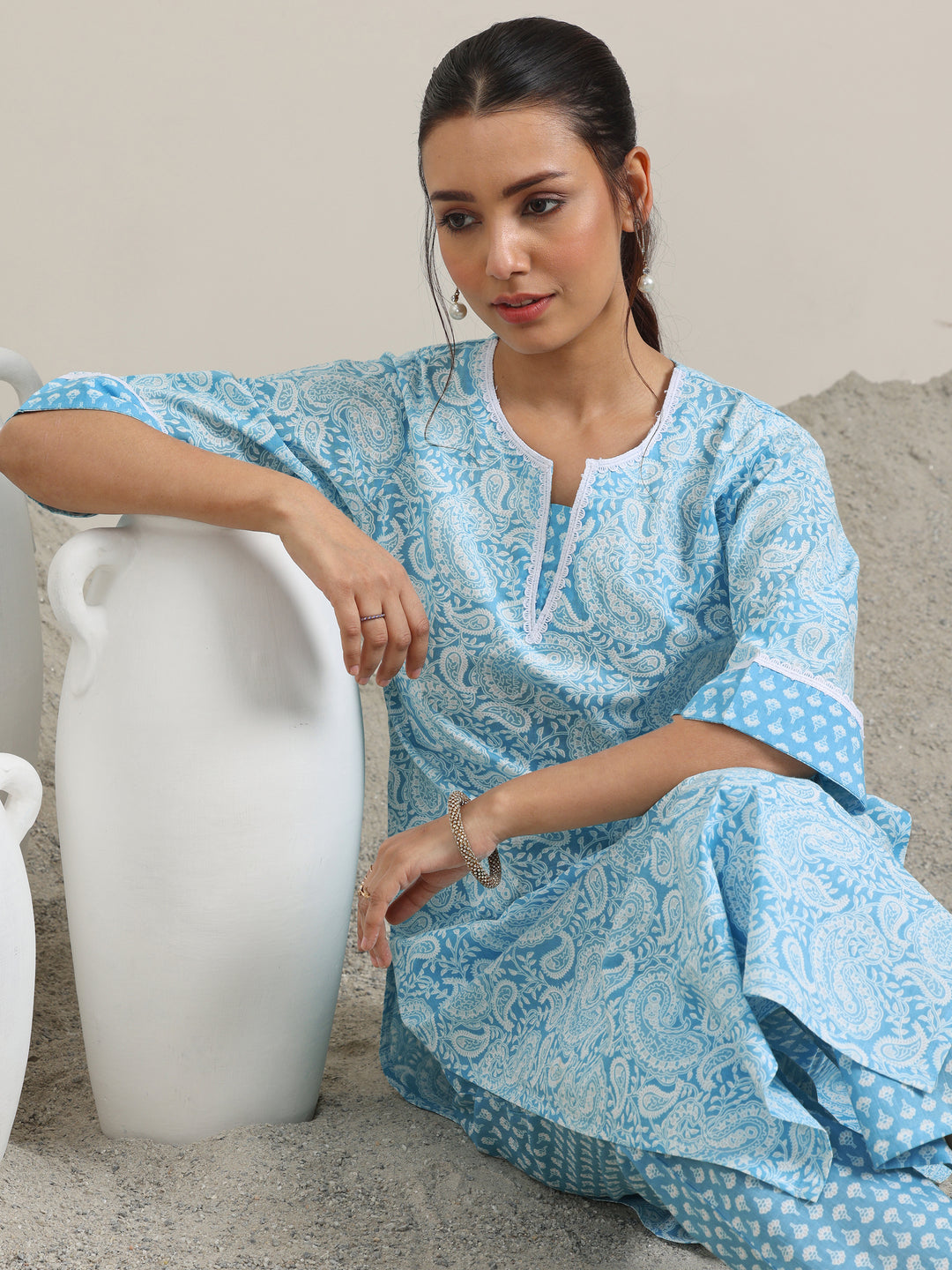 Blue Printed Cotton Straight Kurta With Trousers