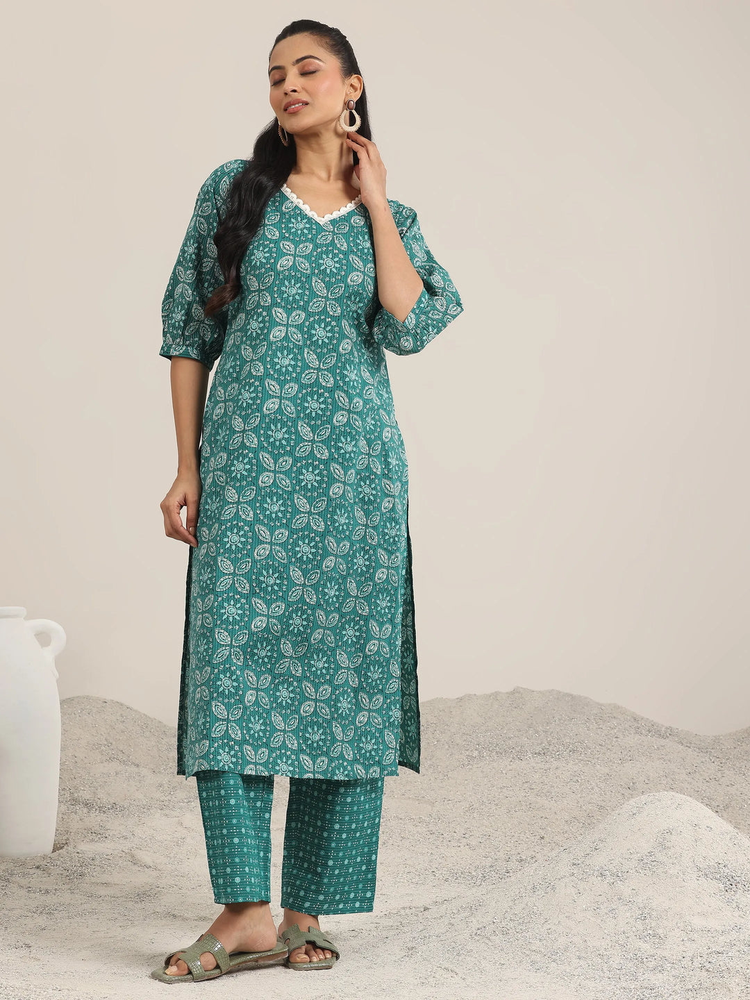  Teal Printed Cotton Straight Kurta Set 