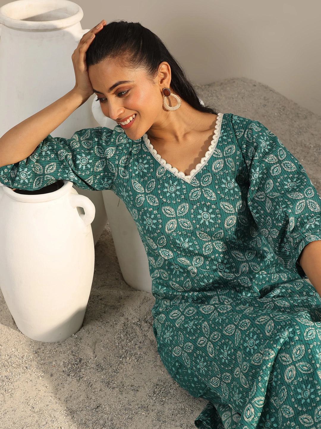  Teal Printed Cotton Straight Kurta Set 