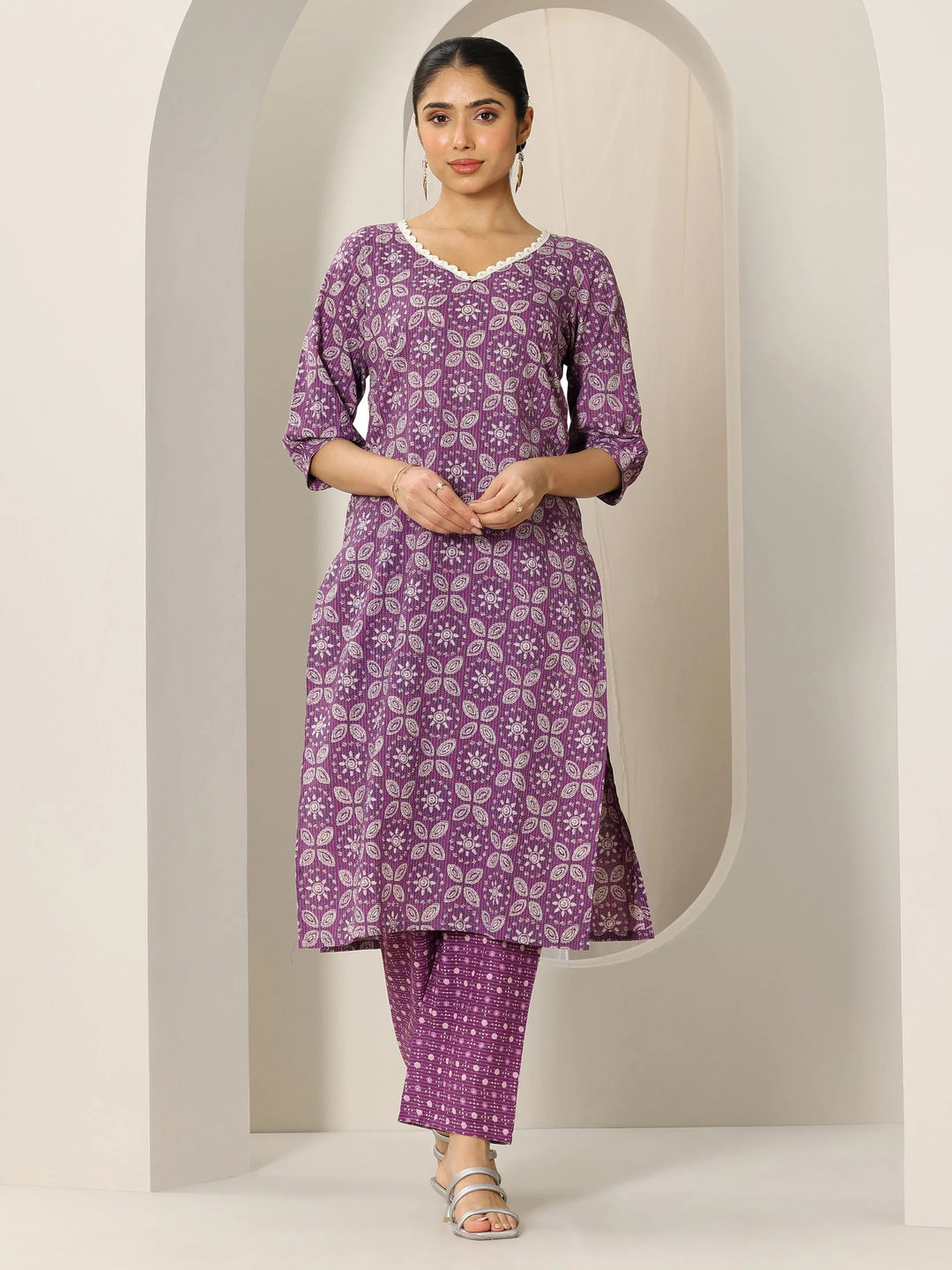  Purple Printed Pure Cotton Straight Kurta Set 