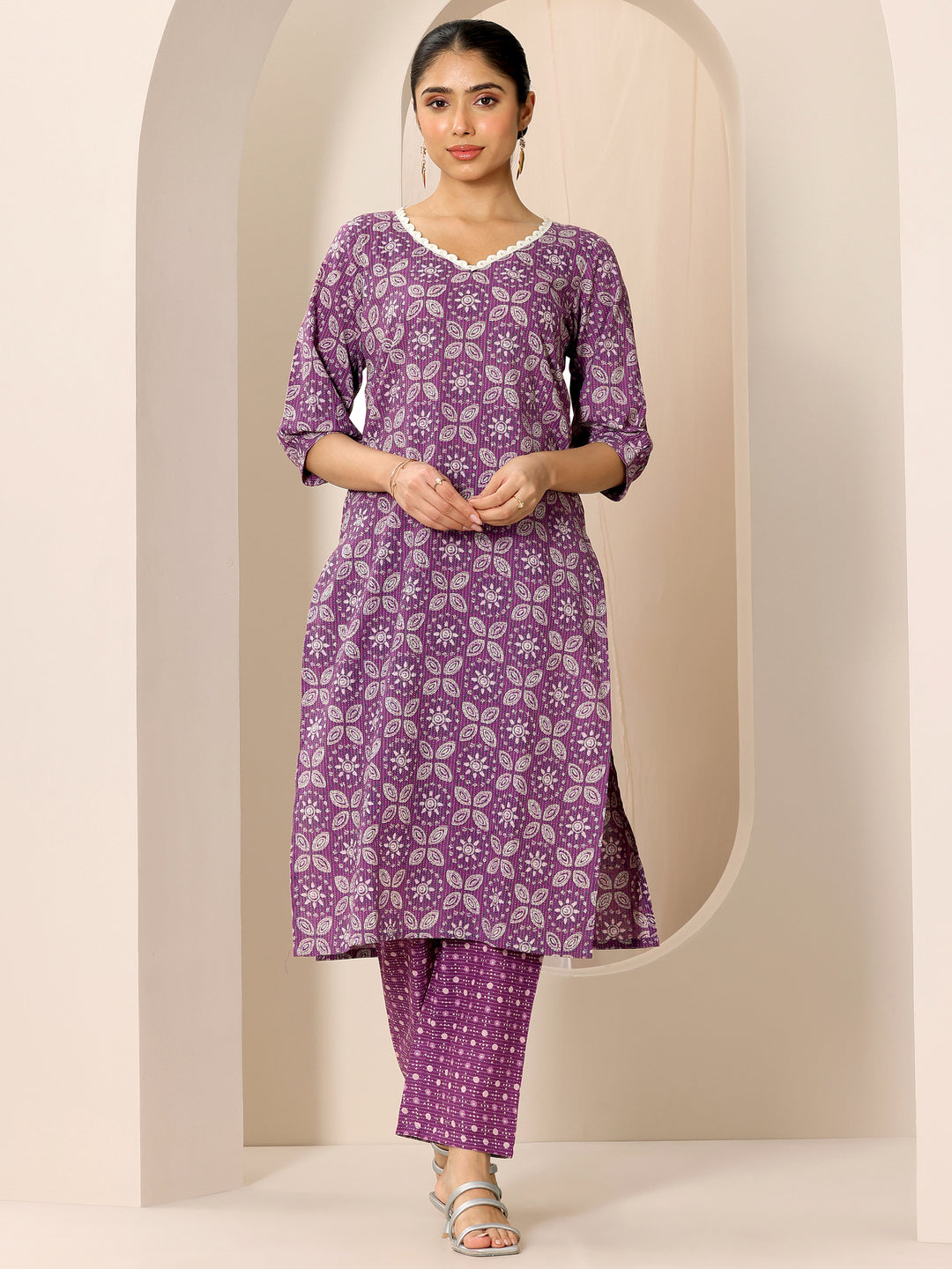  Purple Printed Pure Cotton Straight Kurta Set 