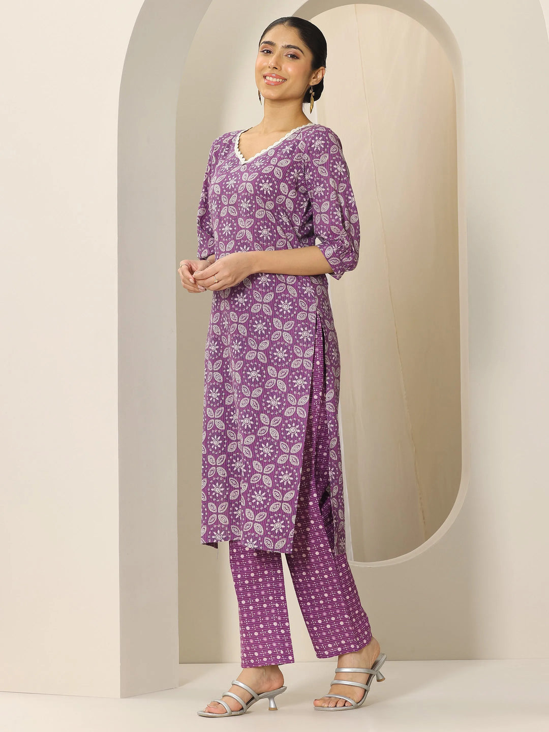  Purple Printed Pure Cotton Straight Kurta Set 