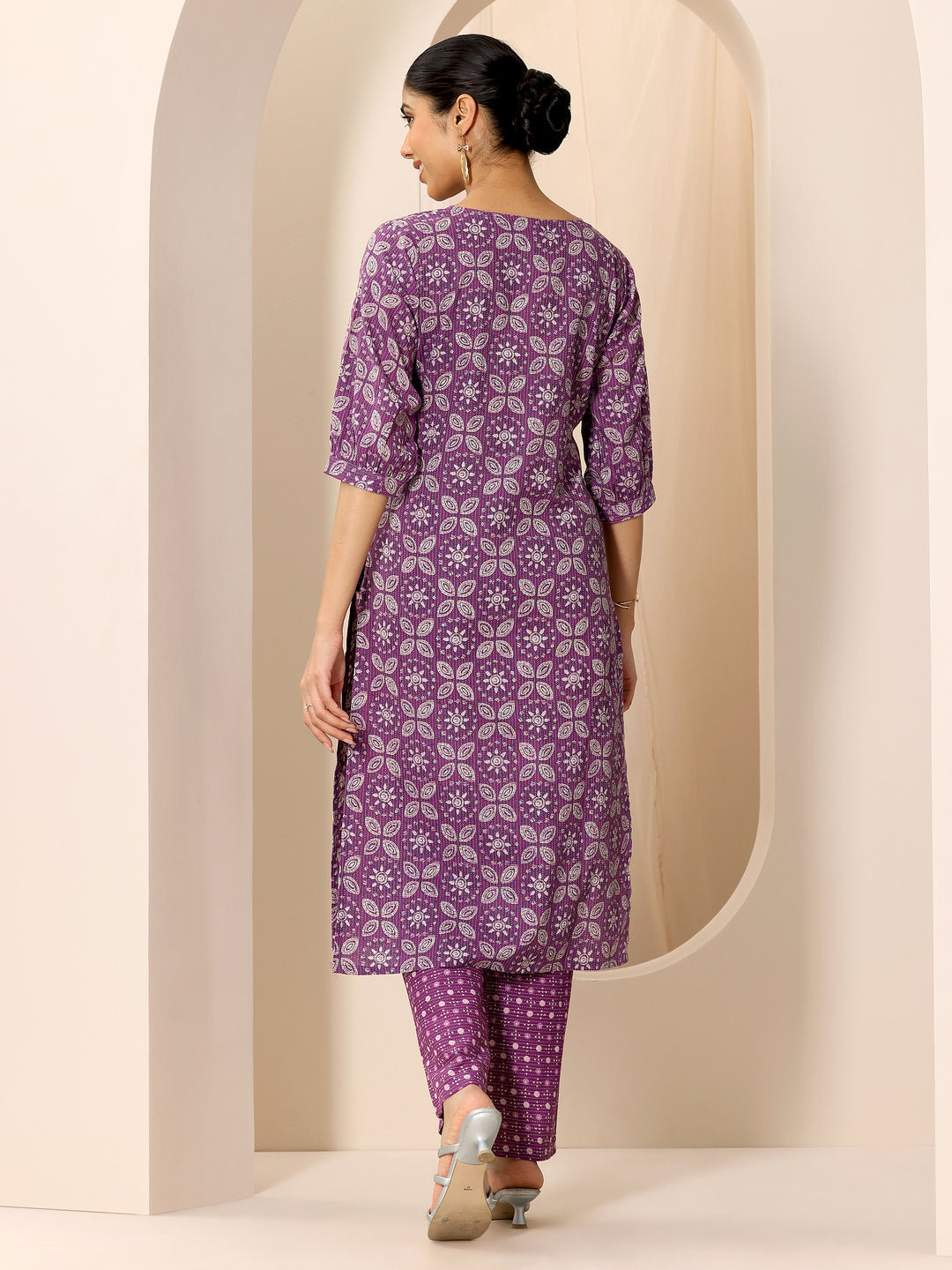  Purple Printed Pure Cotton Straight Kurta Set 