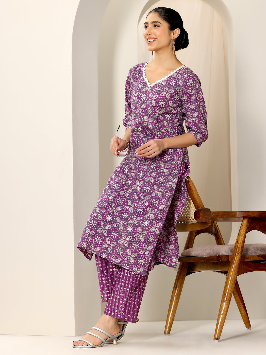 Purple Printed Pure Cotton Straight Kurta Set