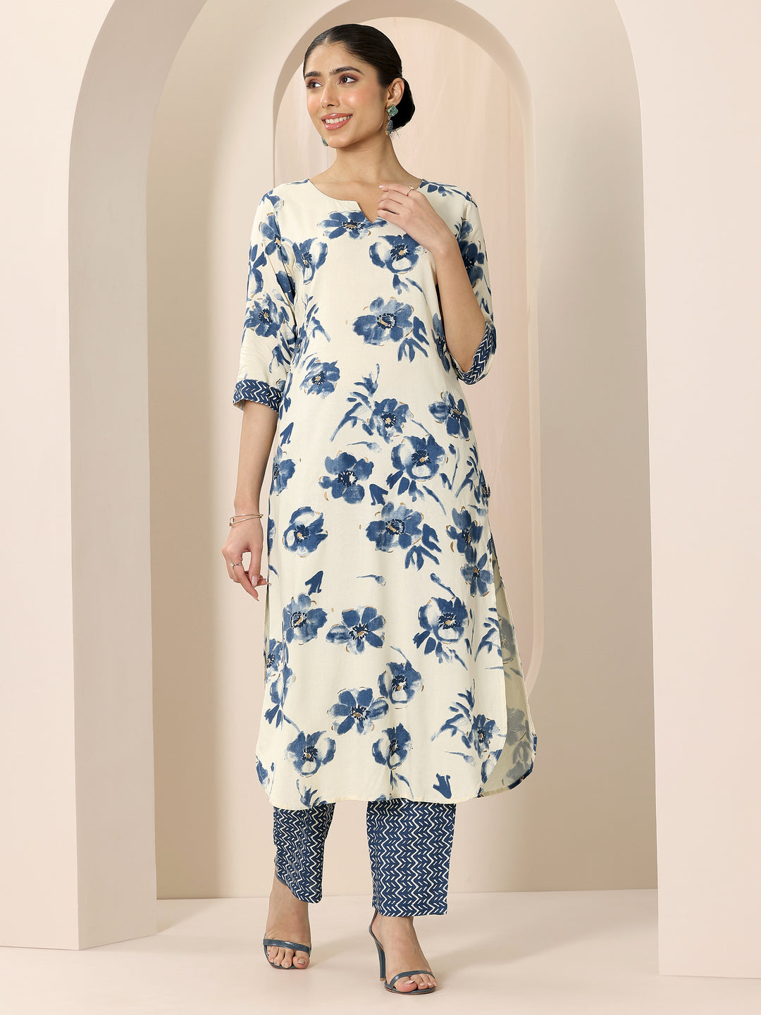  Blue Printed Viscose Rayon Straight Kurta Set 