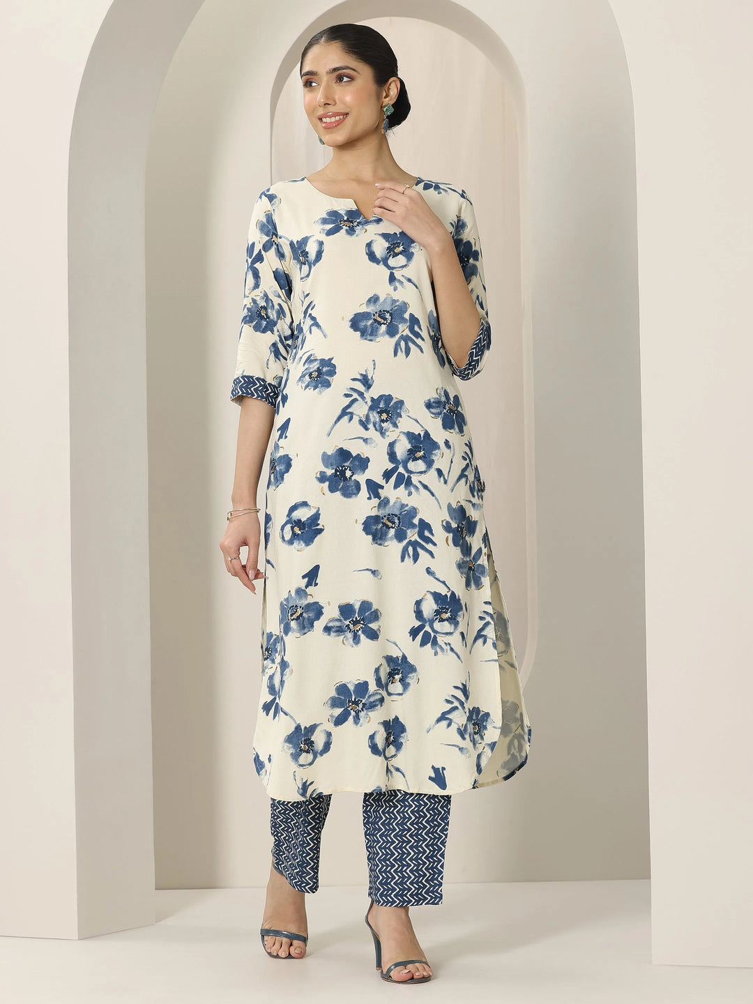 Blue Printed Viscose Rayon Straight Kurta Set