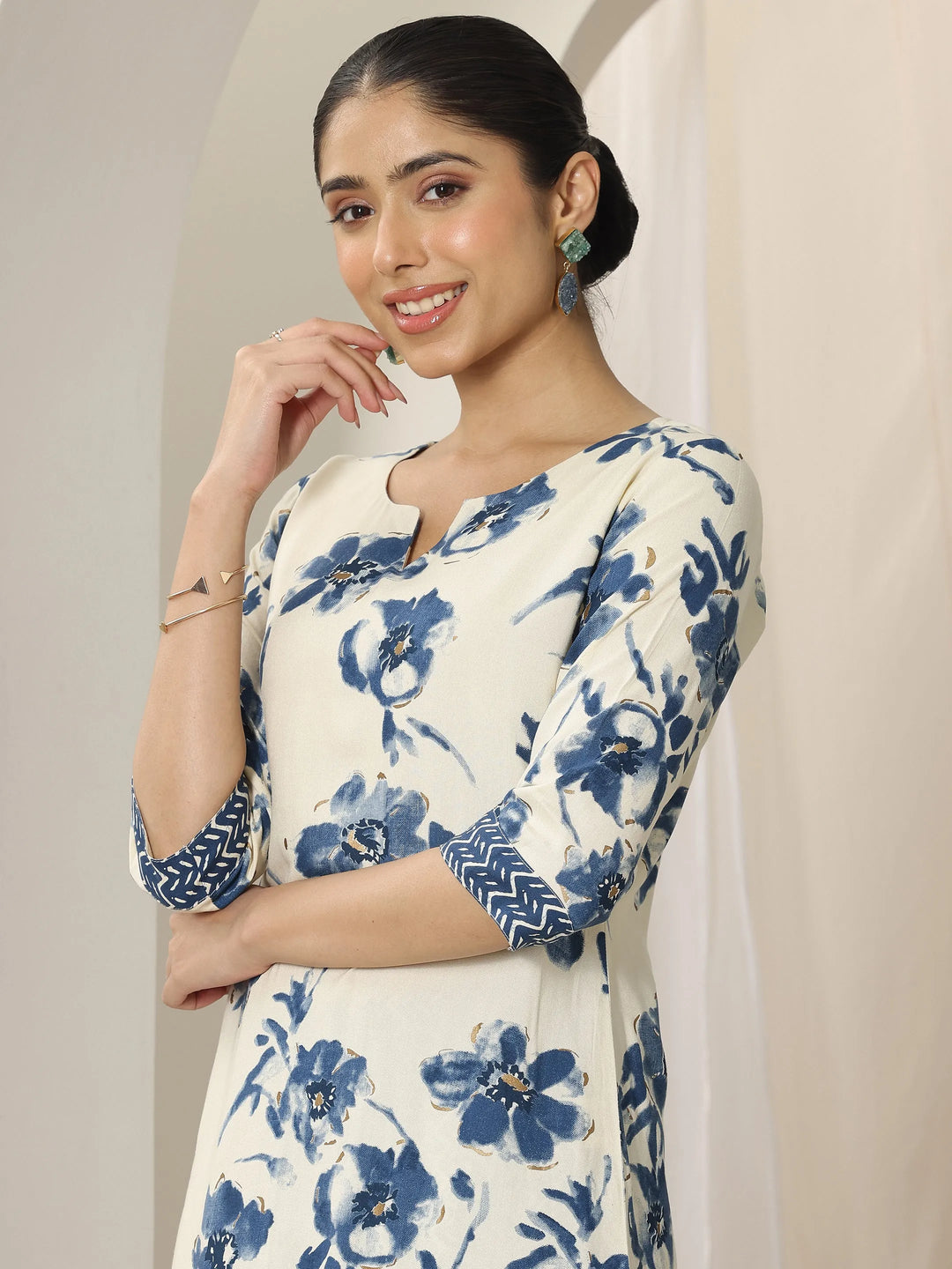  Blue Printed Viscose Rayon Straight Kurta Set 