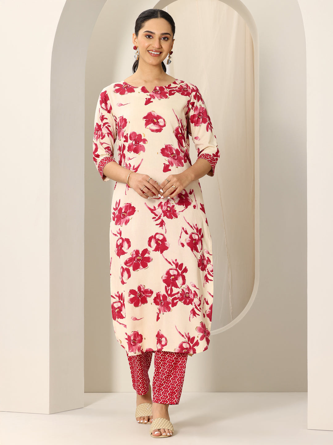  Red Printed Viscose Rayon Straight Kurta Set 