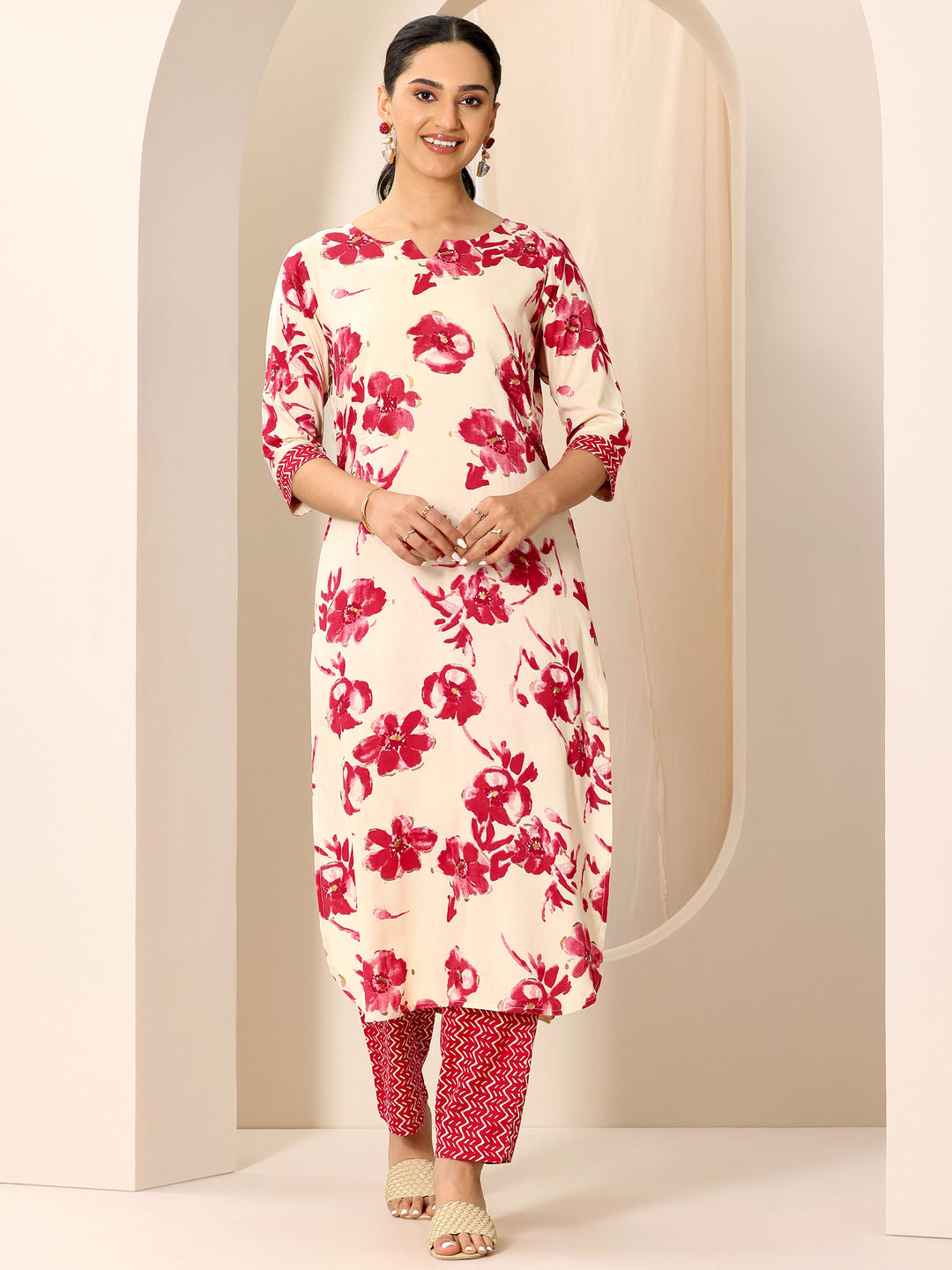  Red Printed Viscose Rayon Straight Kurta Set 