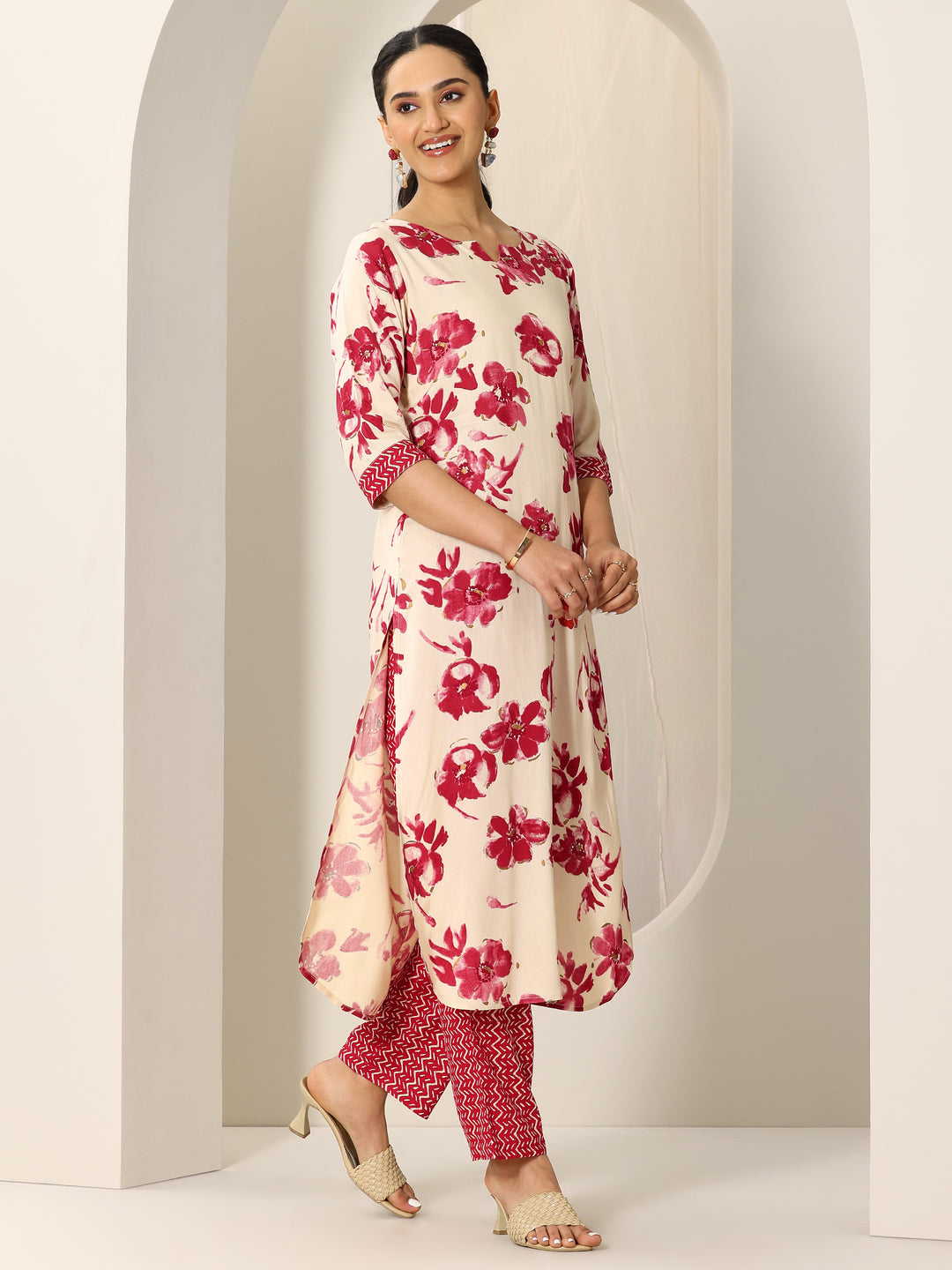  Red Printed Viscose Rayon Straight Kurta Set 