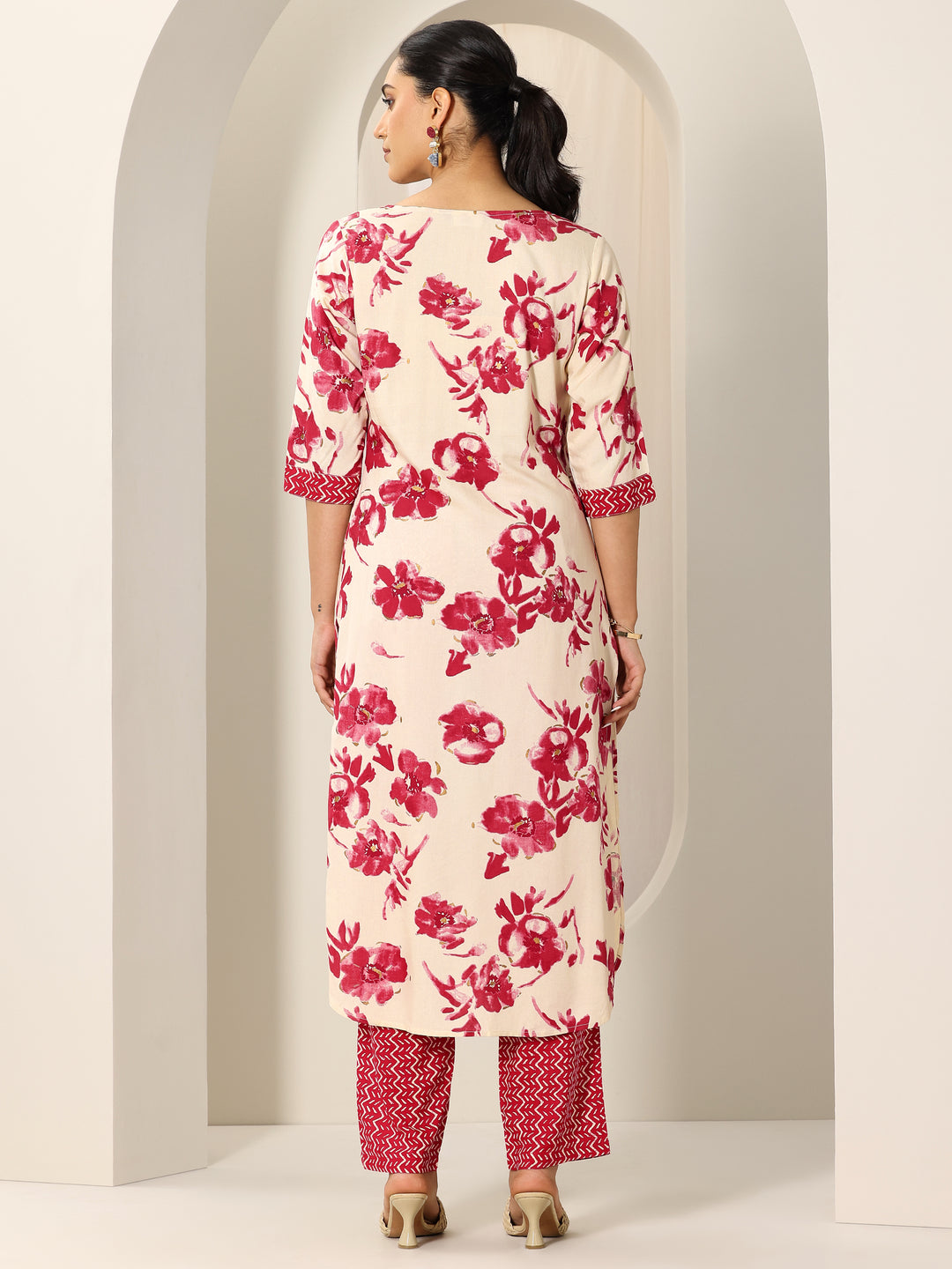  Red Printed Viscose Rayon Straight Kurta Set 