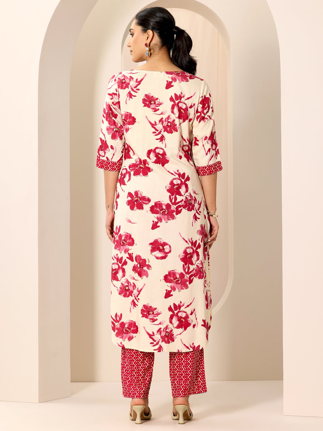  Red Printed Viscose Rayon Straight Kurta Set 