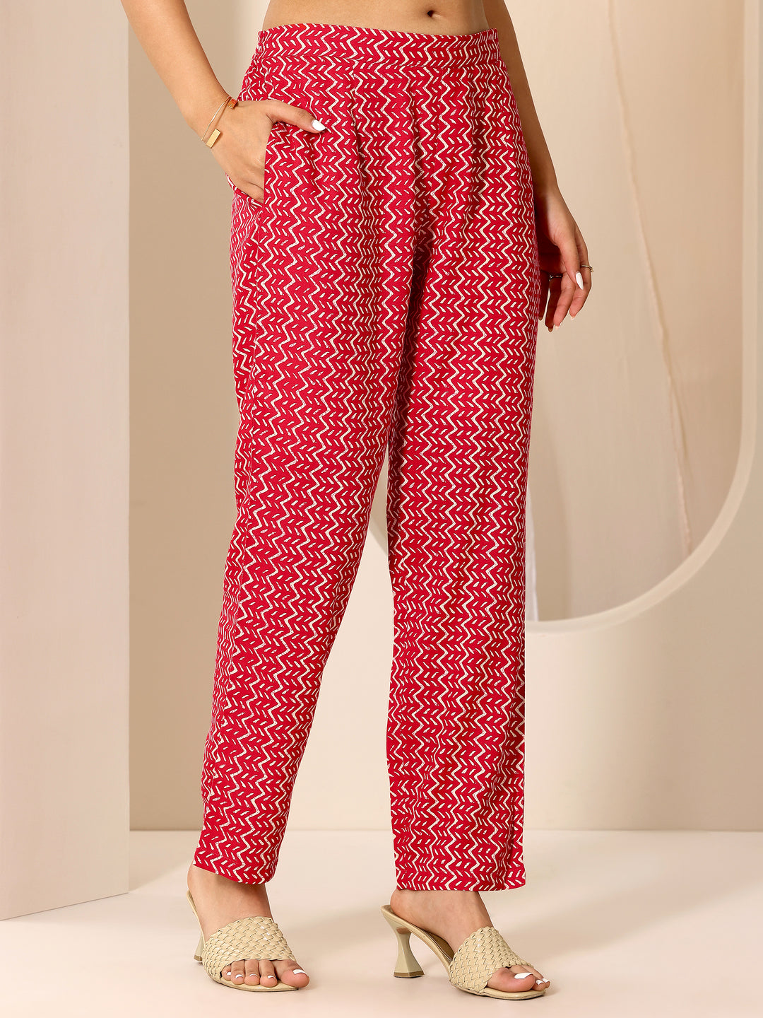  Red Printed Viscose Rayon Straight Kurta Set 