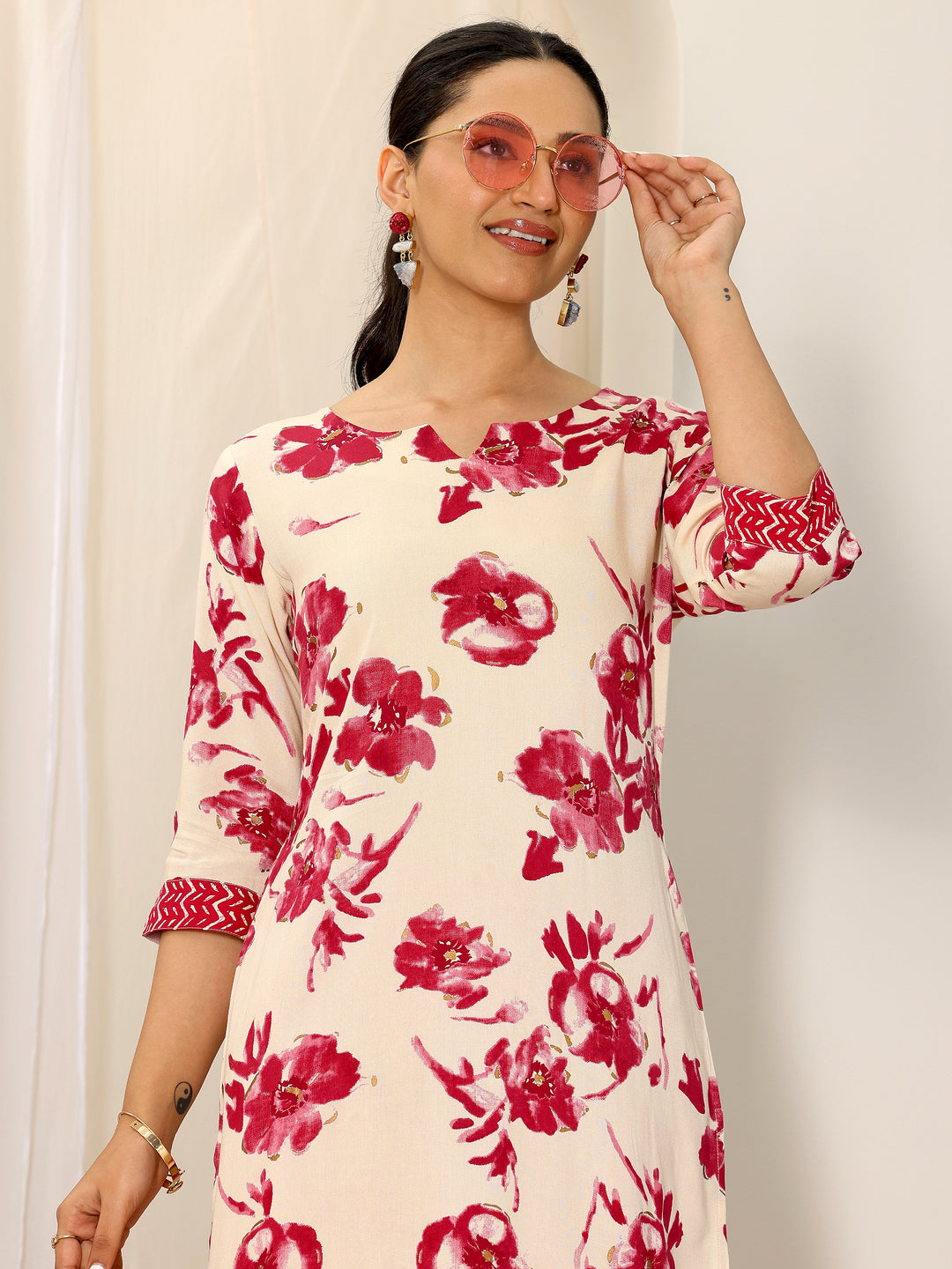  Red Printed Viscose Rayon Straight Kurta Set 