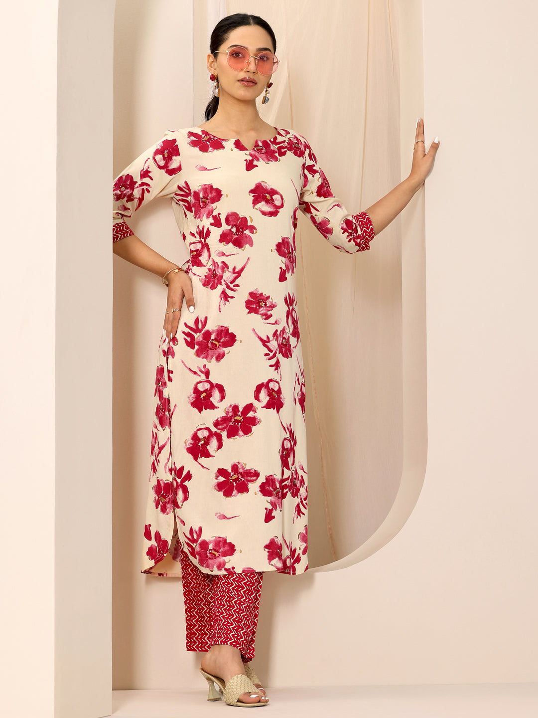  Red Printed Viscose Rayon Straight Kurta Set 