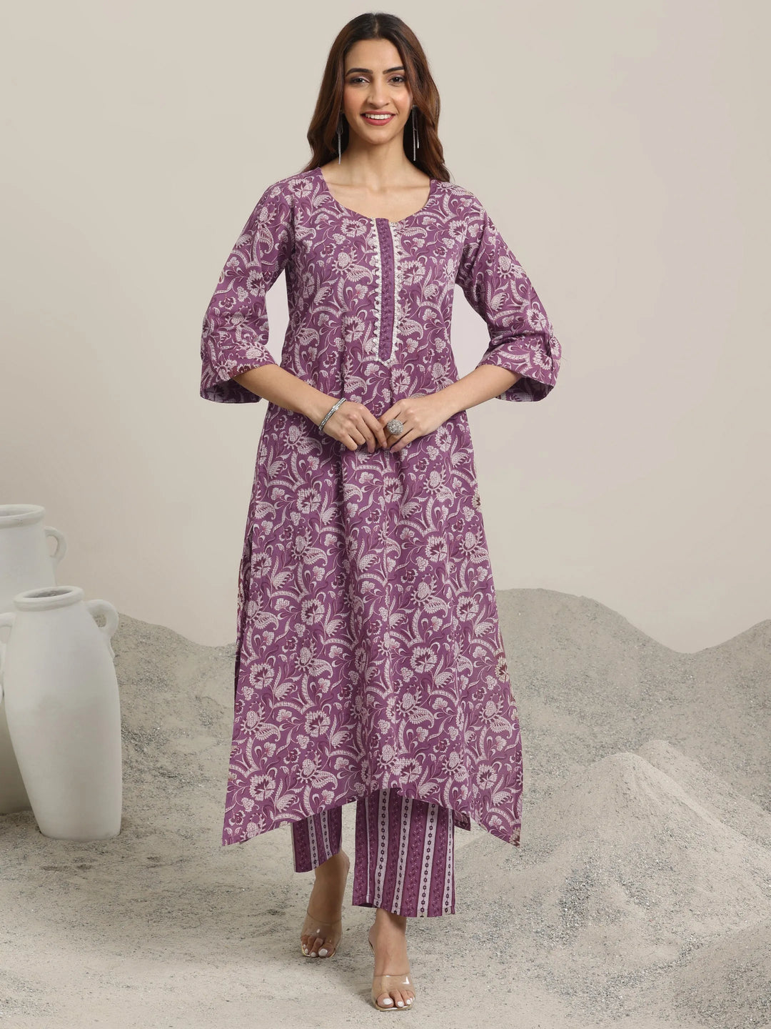  Mauve Printed Cotton Straight  Kurta Set 