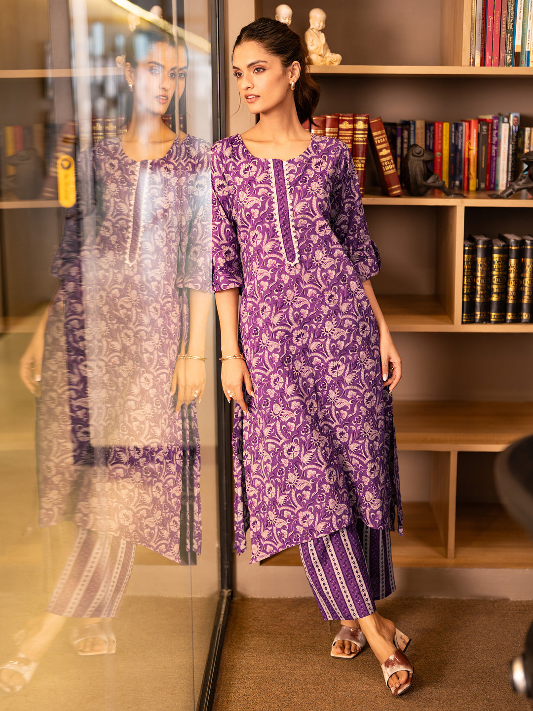 Mauve Printed Cotton Straight  Kurta Set