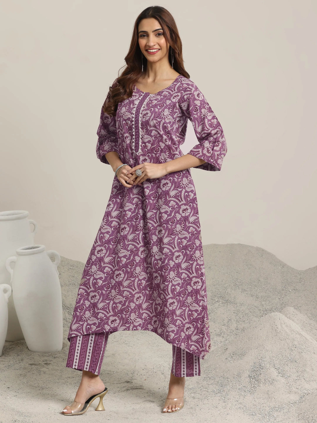  Mauve Printed Cotton Straight  Kurta Set 