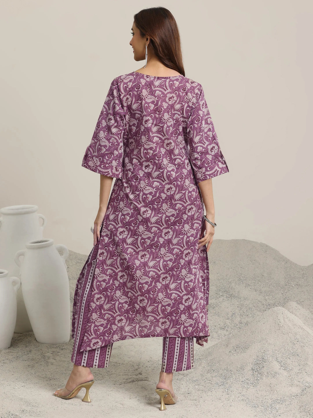  Mauve Printed Cotton Straight  Kurta Set 