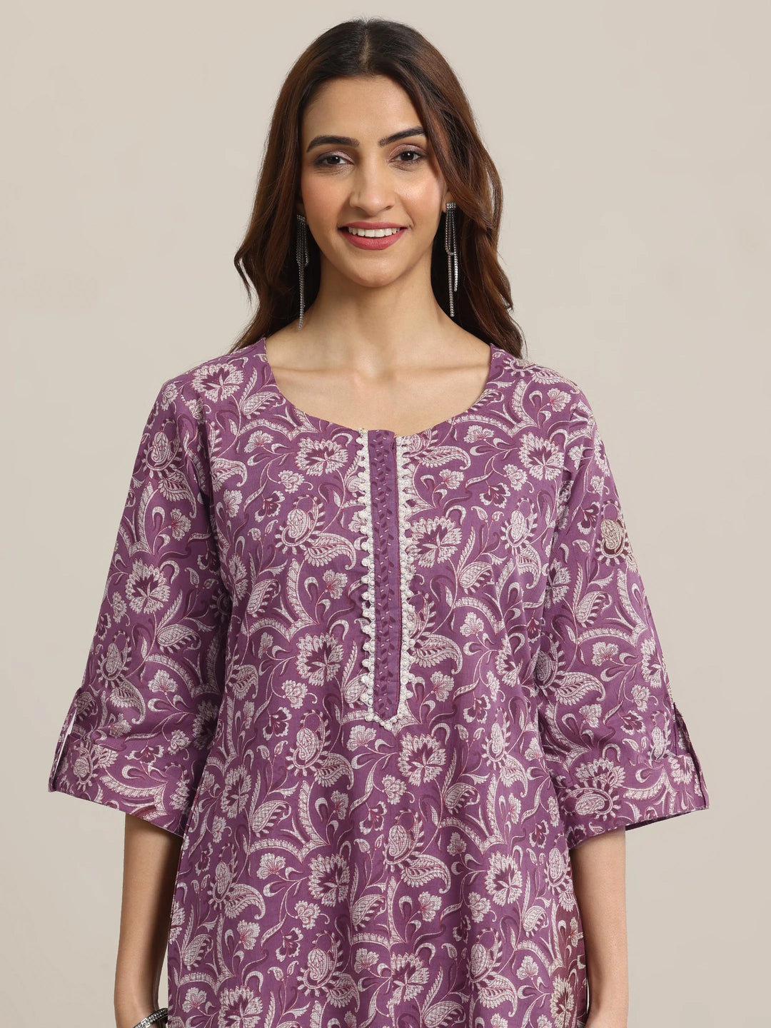  Mauve Printed Cotton Straight  Kurta Set 