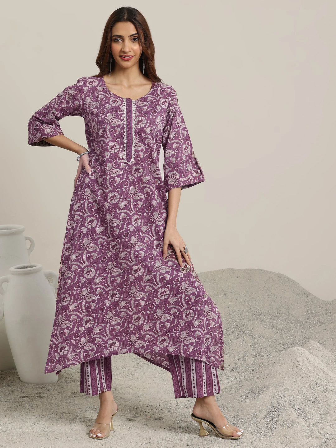  Mauve Printed Cotton Straight  Kurta Set 