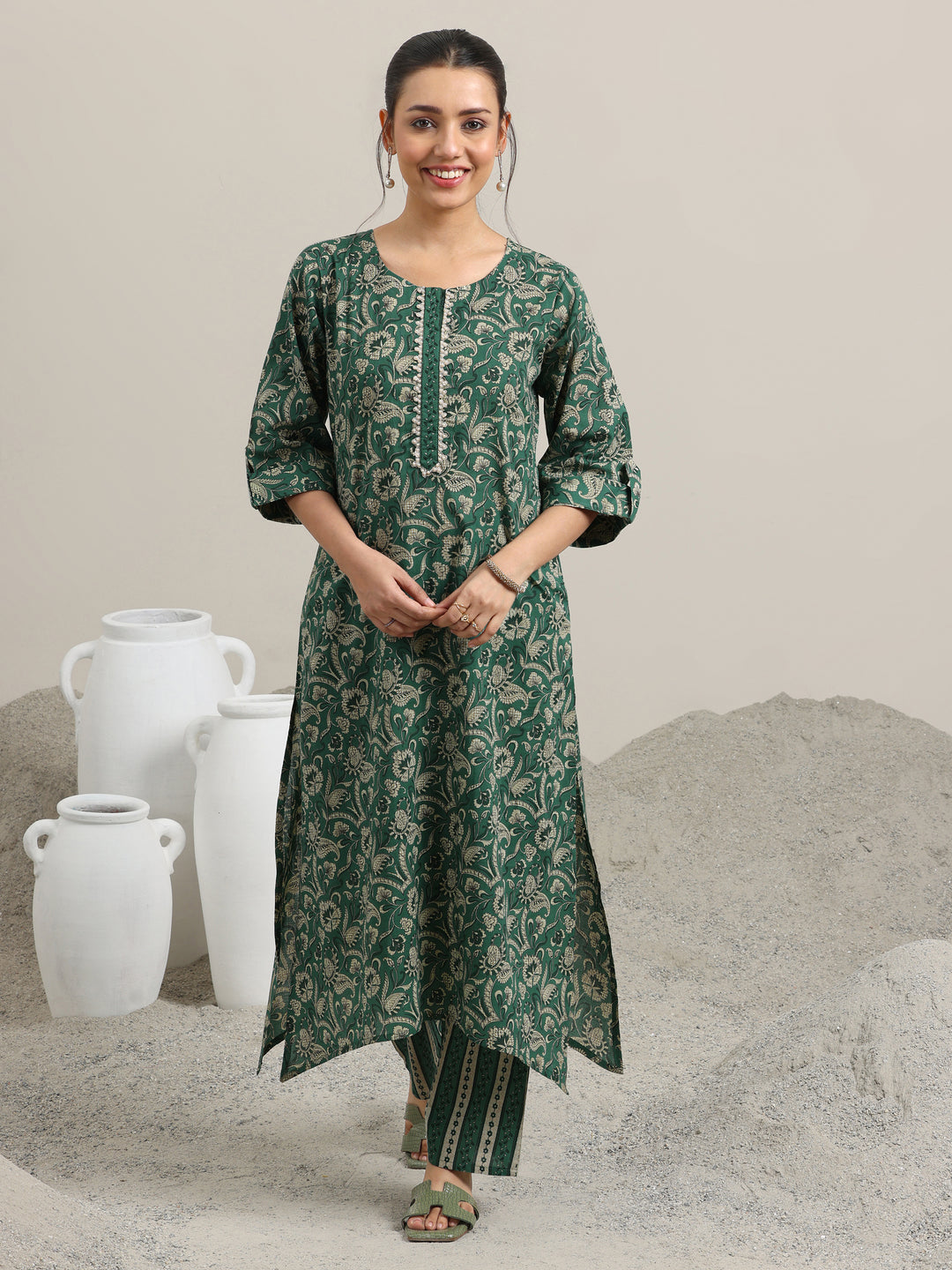  Green Printed Cotton Straight Kurta With Palazzos 