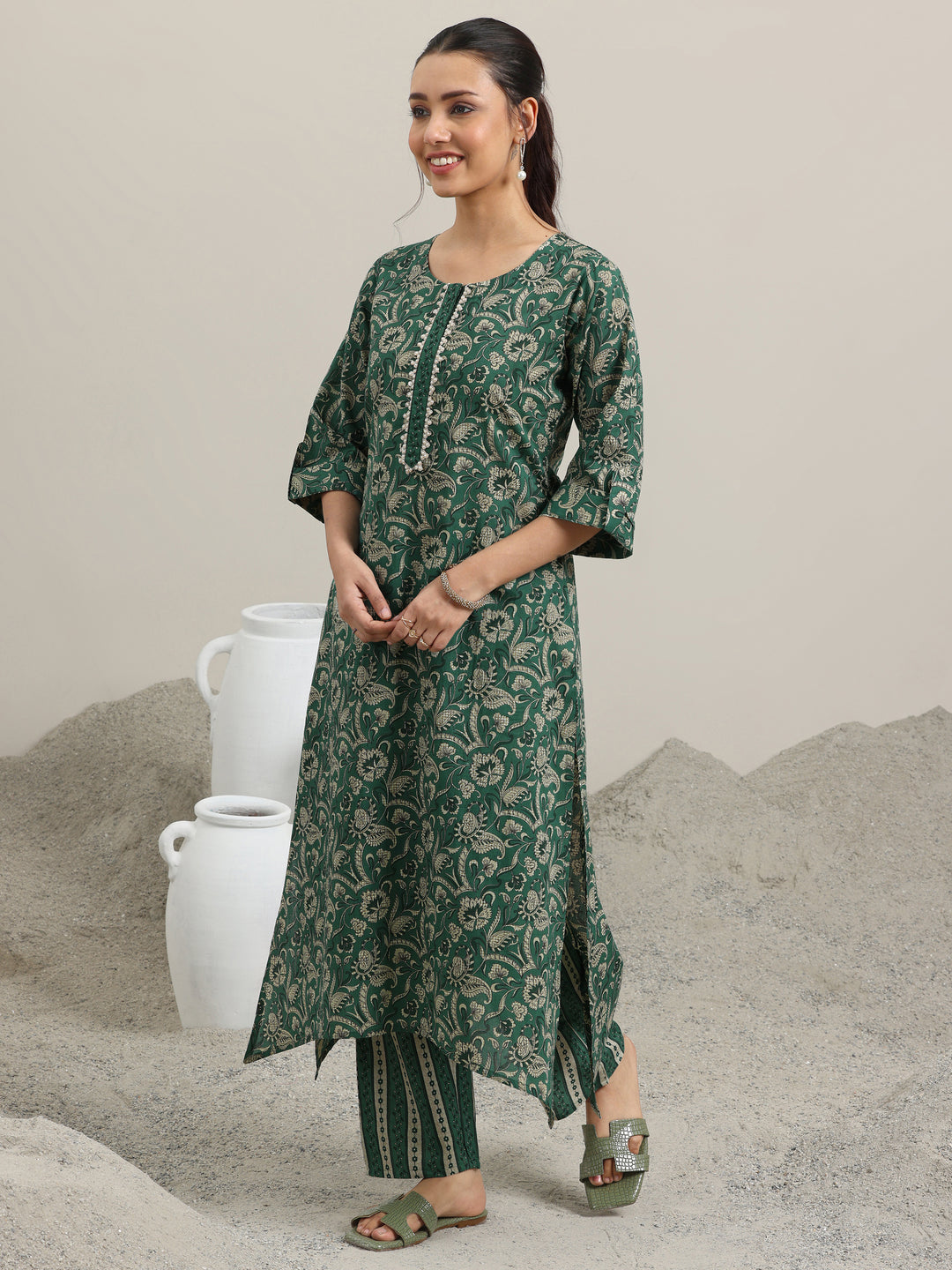  Green Printed Cotton Straight Kurta With Palazzos 