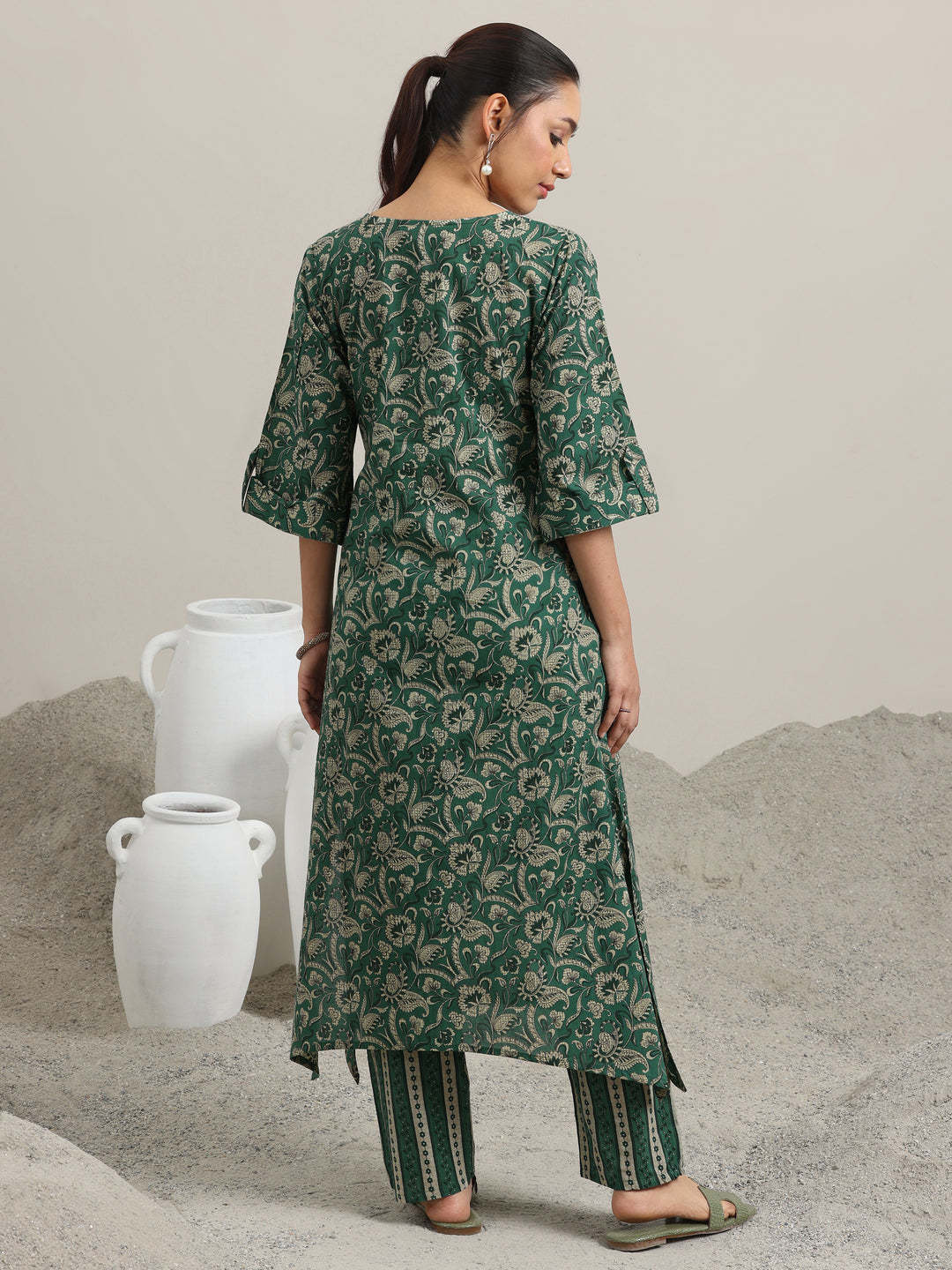  Green Printed Cotton Straight Kurta With Palazzos 