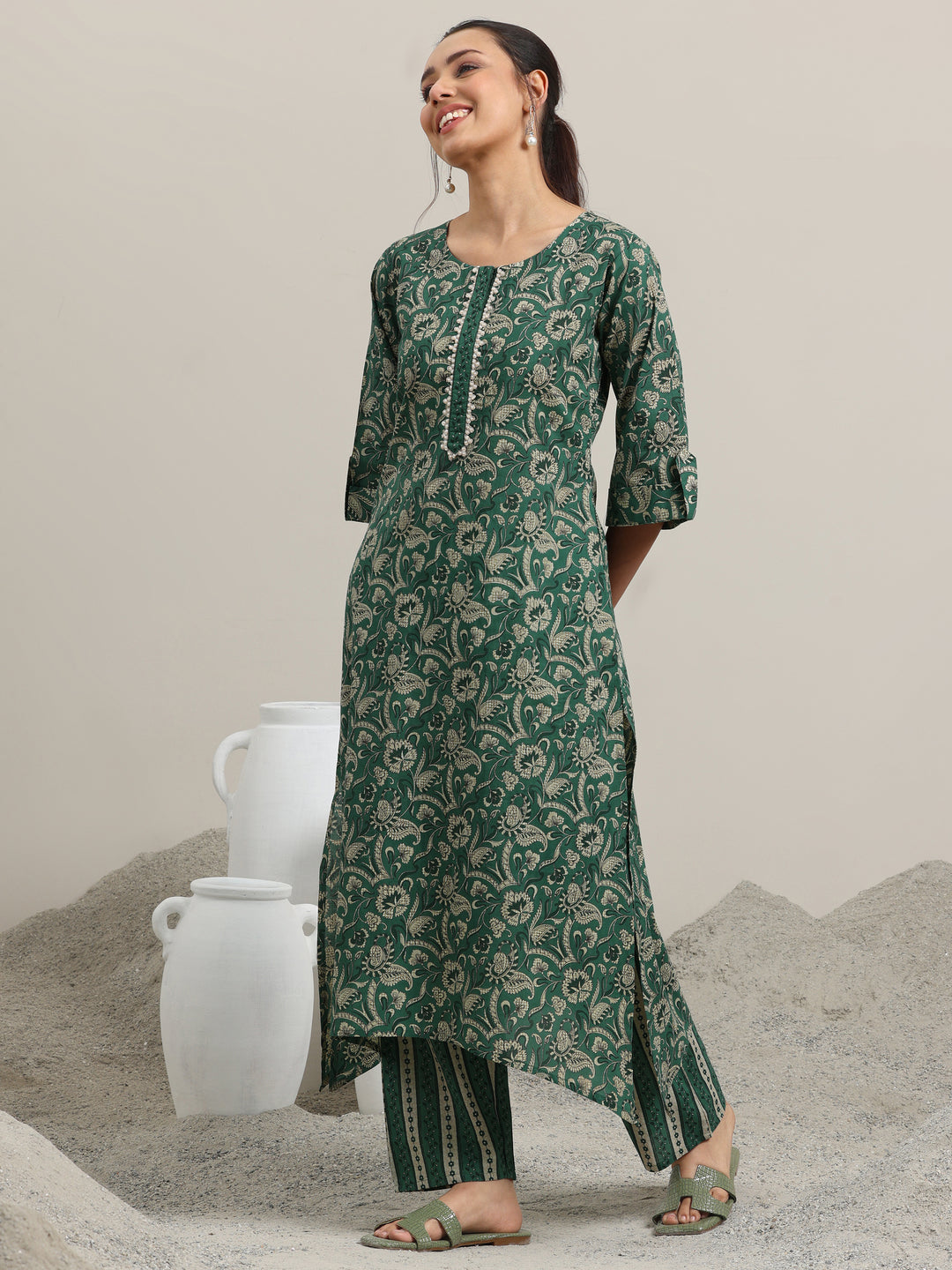 Green Printed Cotton Straight Kurta With Palazzos