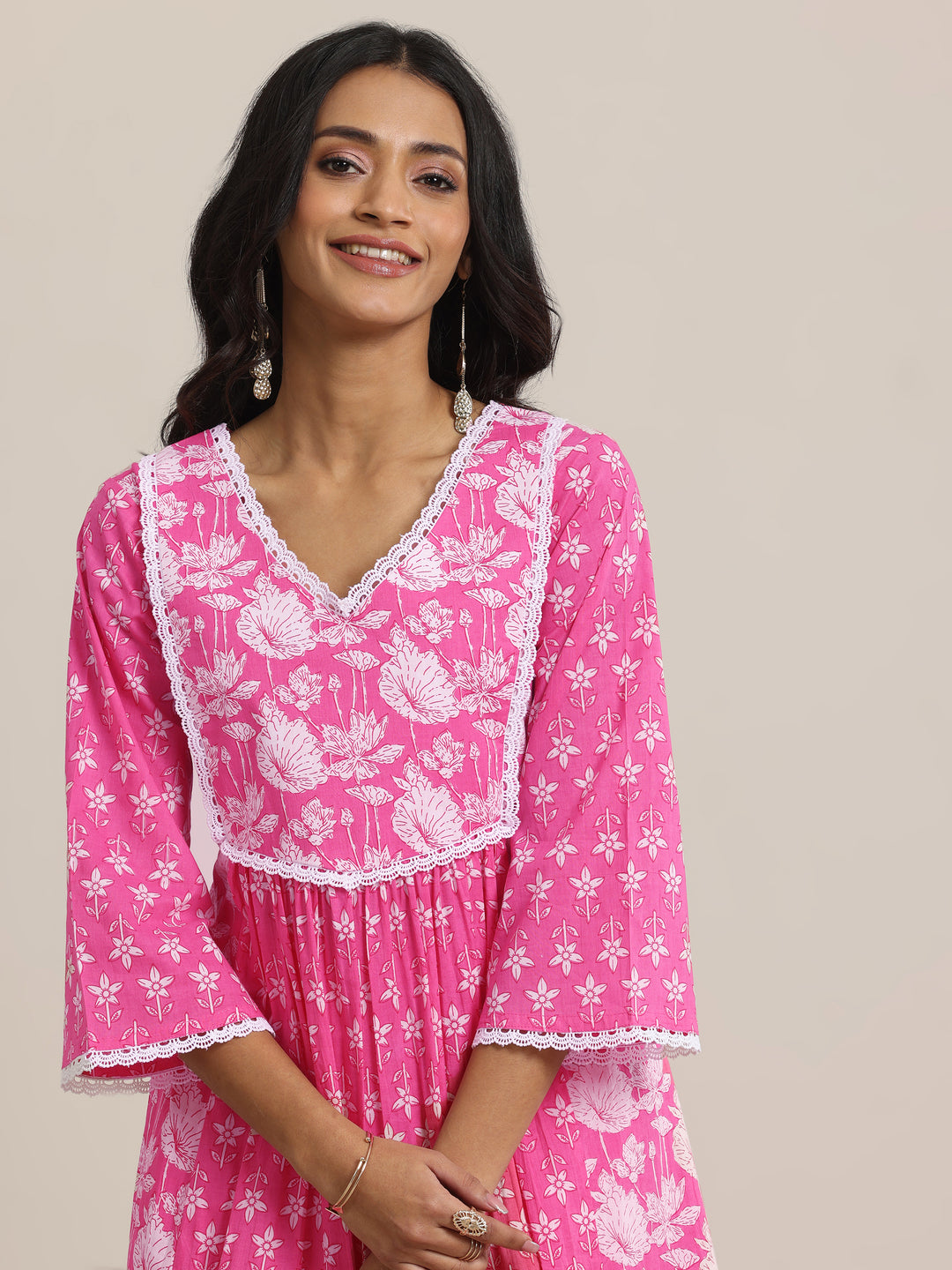  Pink Printed Cotton A-line  Kurta Set 