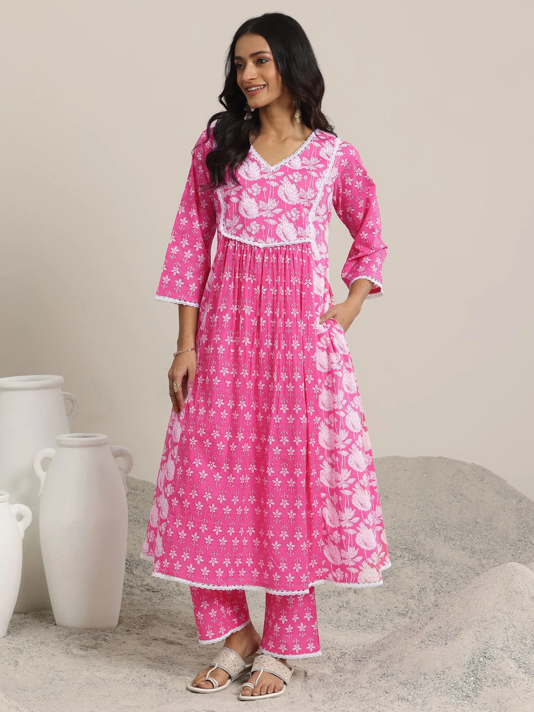  Pink Printed Cotton A-line  Kurta Set 