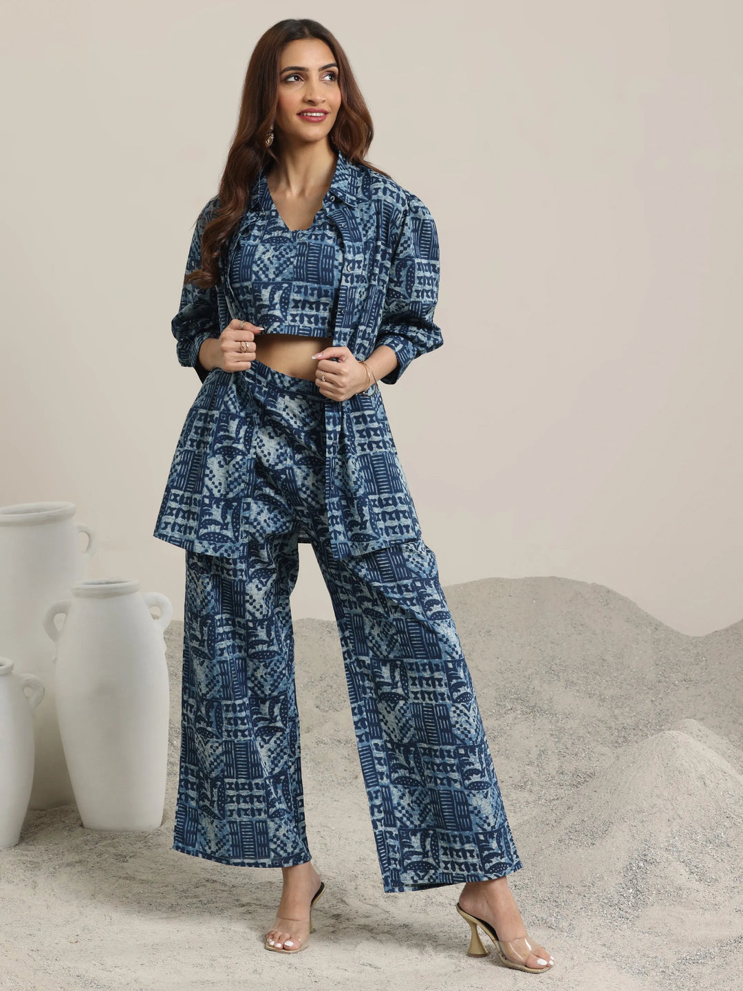  Indigo Printed Cotton 3 Piece Co-Ord Sets With jacket 