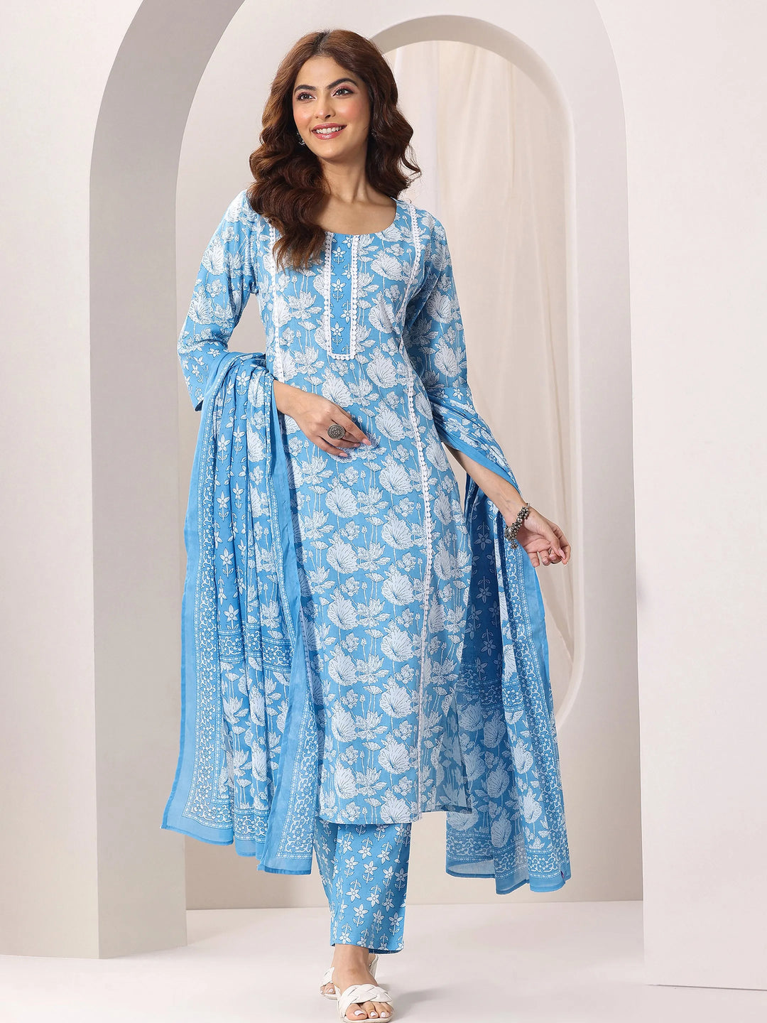  Blue Printed Cotton Straight Suit Set With Dupatta 