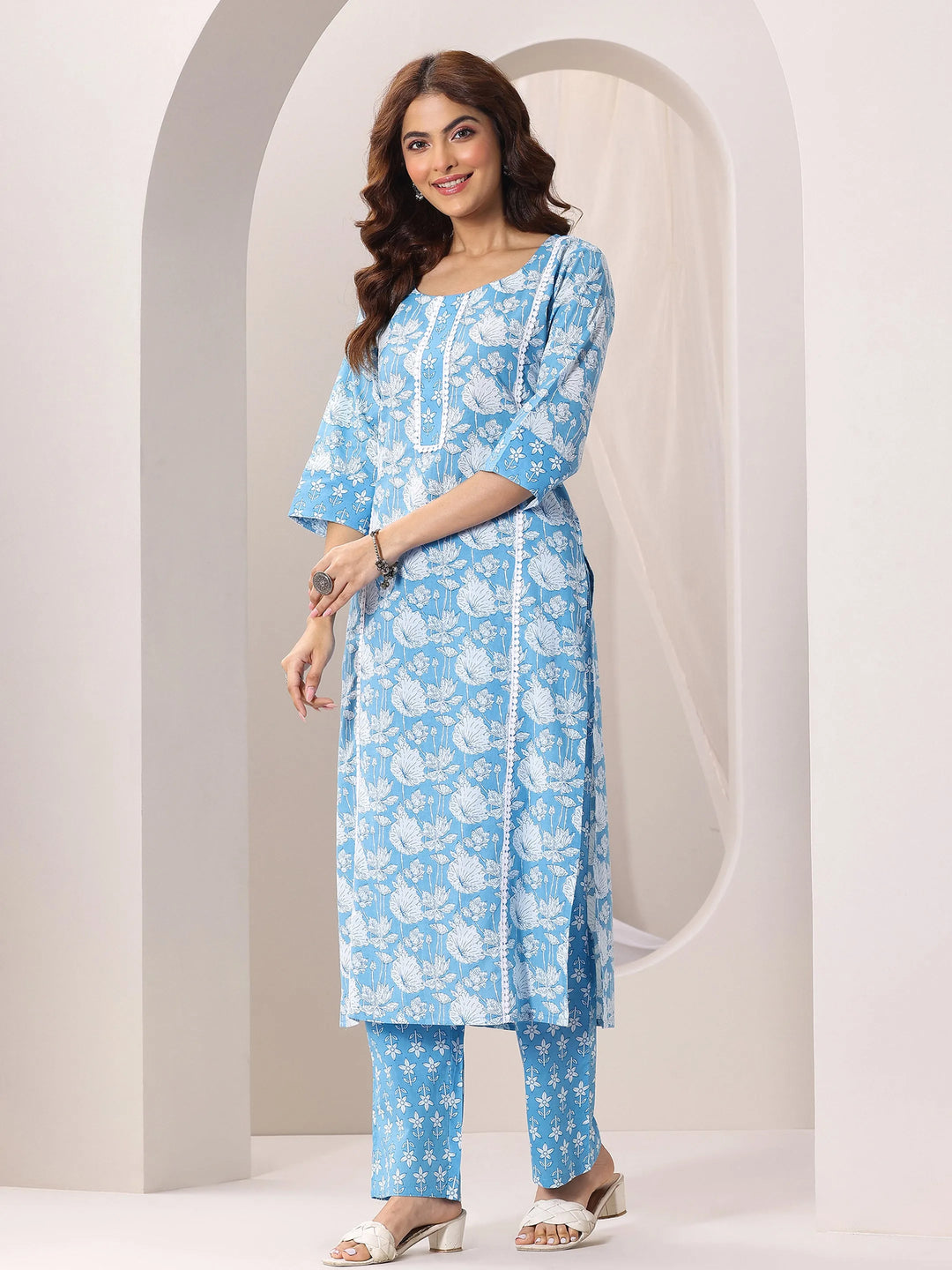  Blue Printed Cotton Straight Suit Set With Dupatta 