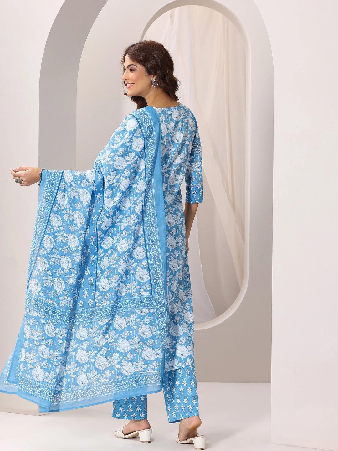  Blue Printed Cotton Straight Suit Set With Dupatta 