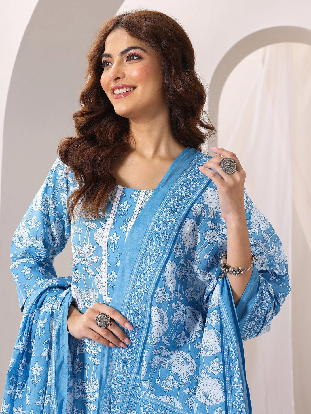  Blue Printed Cotton Straight Suit Set With Dupatta 