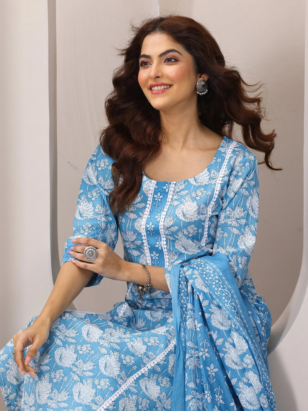  Blue Printed Cotton Straight Suit Set With Dupatta 