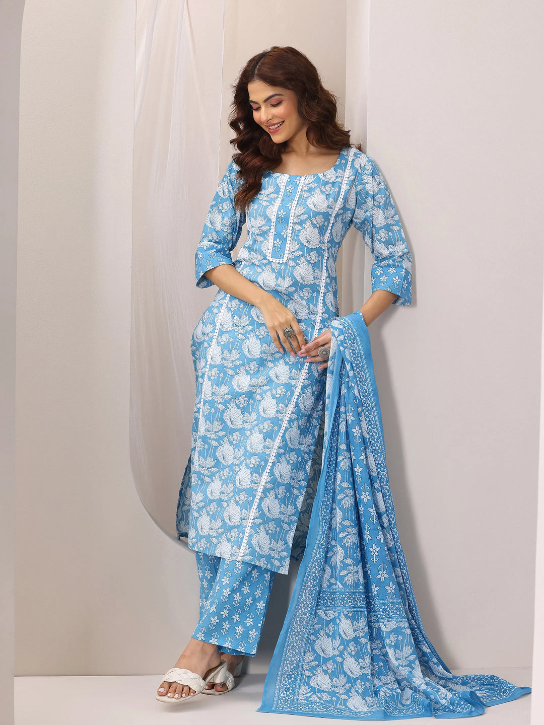  Blue Printed Cotton Straight Suit Set With Dupatta 