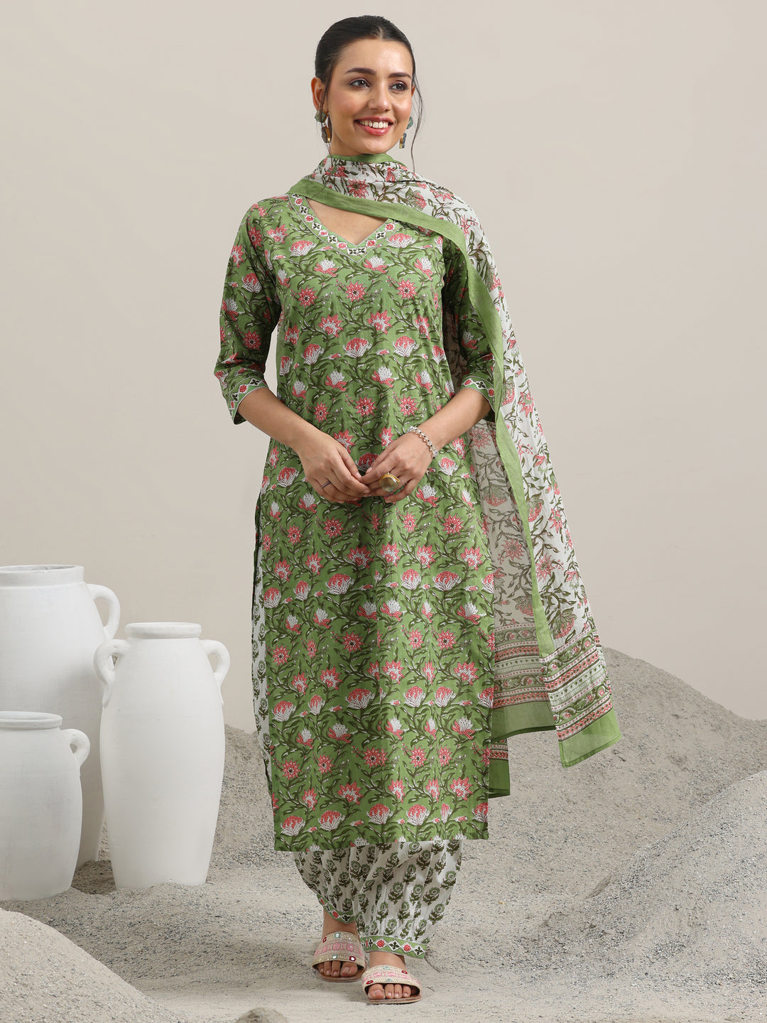  Green Printed Cotton Straight Suit With Dupatta 