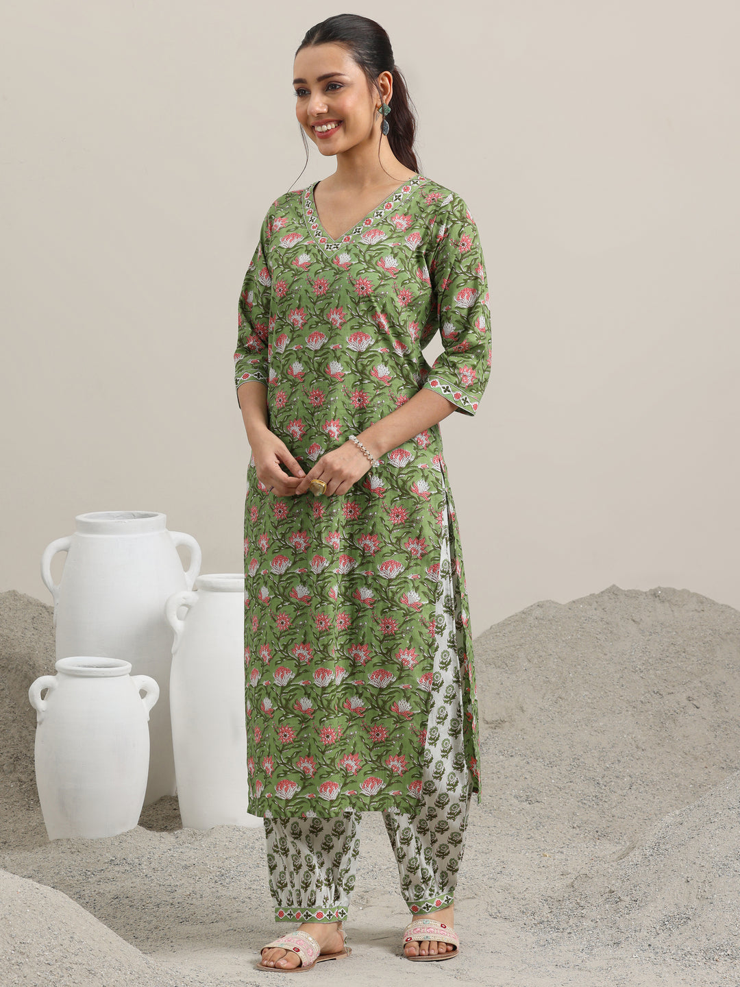  Green Printed Cotton Straight Suit With Dupatta 