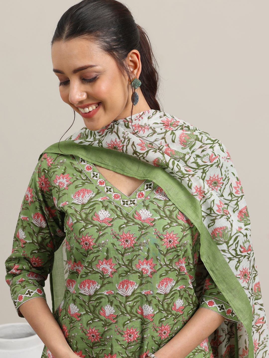  Green Printed Cotton Straight Suit With Dupatta 