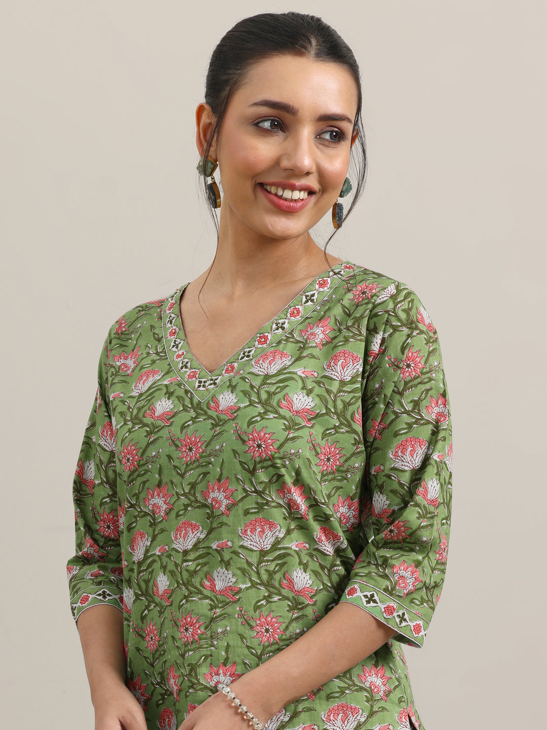  Green Printed Cotton Straight Suit With Dupatta 