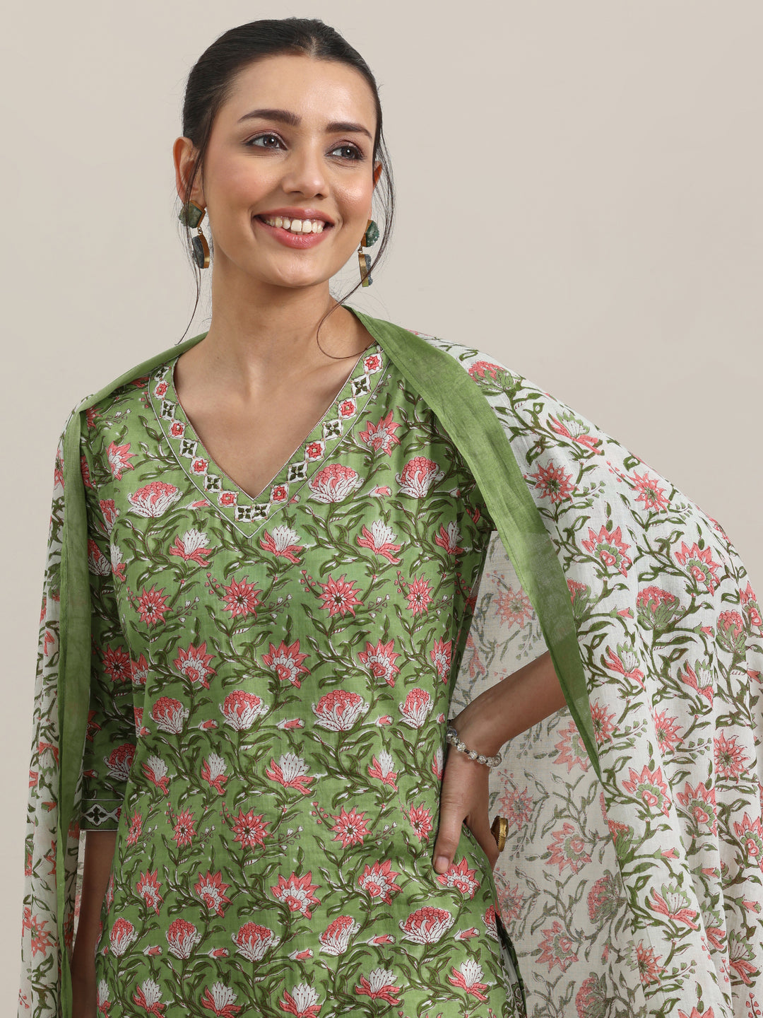  Green Printed Cotton Straight Suit Set With Dupatta 